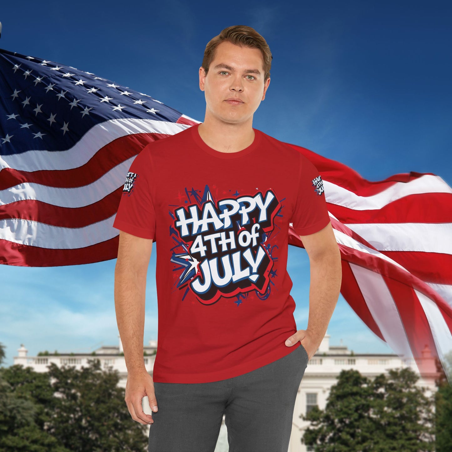 Happy 4th Of July Unisex Jersey Short Sleeve Tee, Independence Day T-Shirt, Patriotic Shirt, Red White Blue Tee, USA Celebration Top
