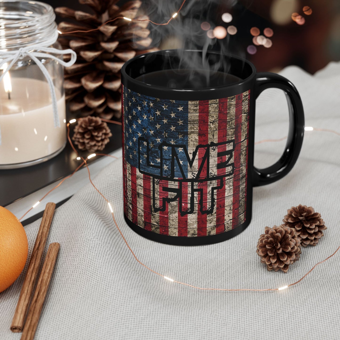 Sleek - Ceramic Black Mug - LIVE FIT - Vintage American Flag Backdrop Design - Gift for Patriots and Coffee Lovers - 11oz - 15oz -