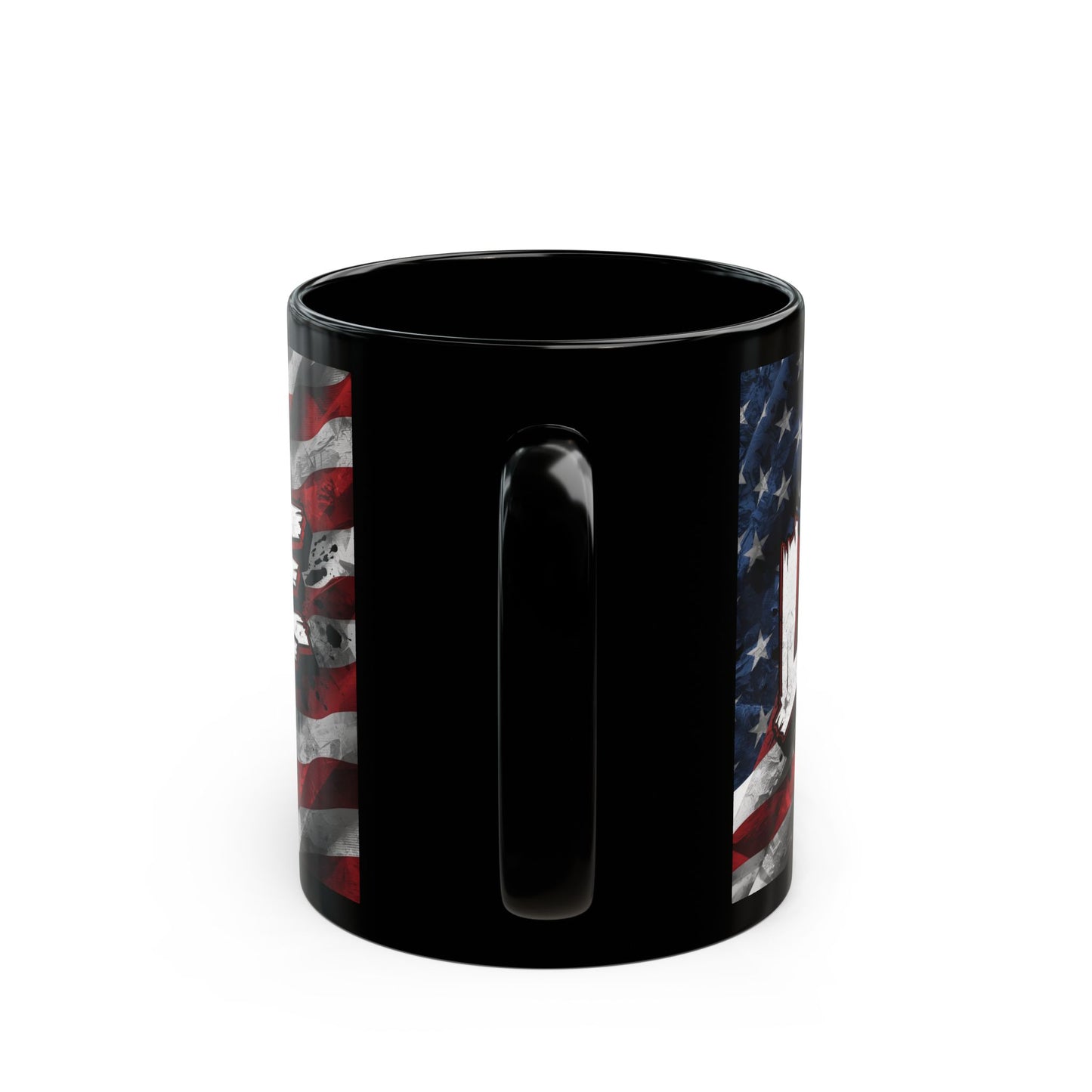 Stylish Black Ceramic Mug - LIVE FIT Design - American Flag Backdrop - Red White Blue