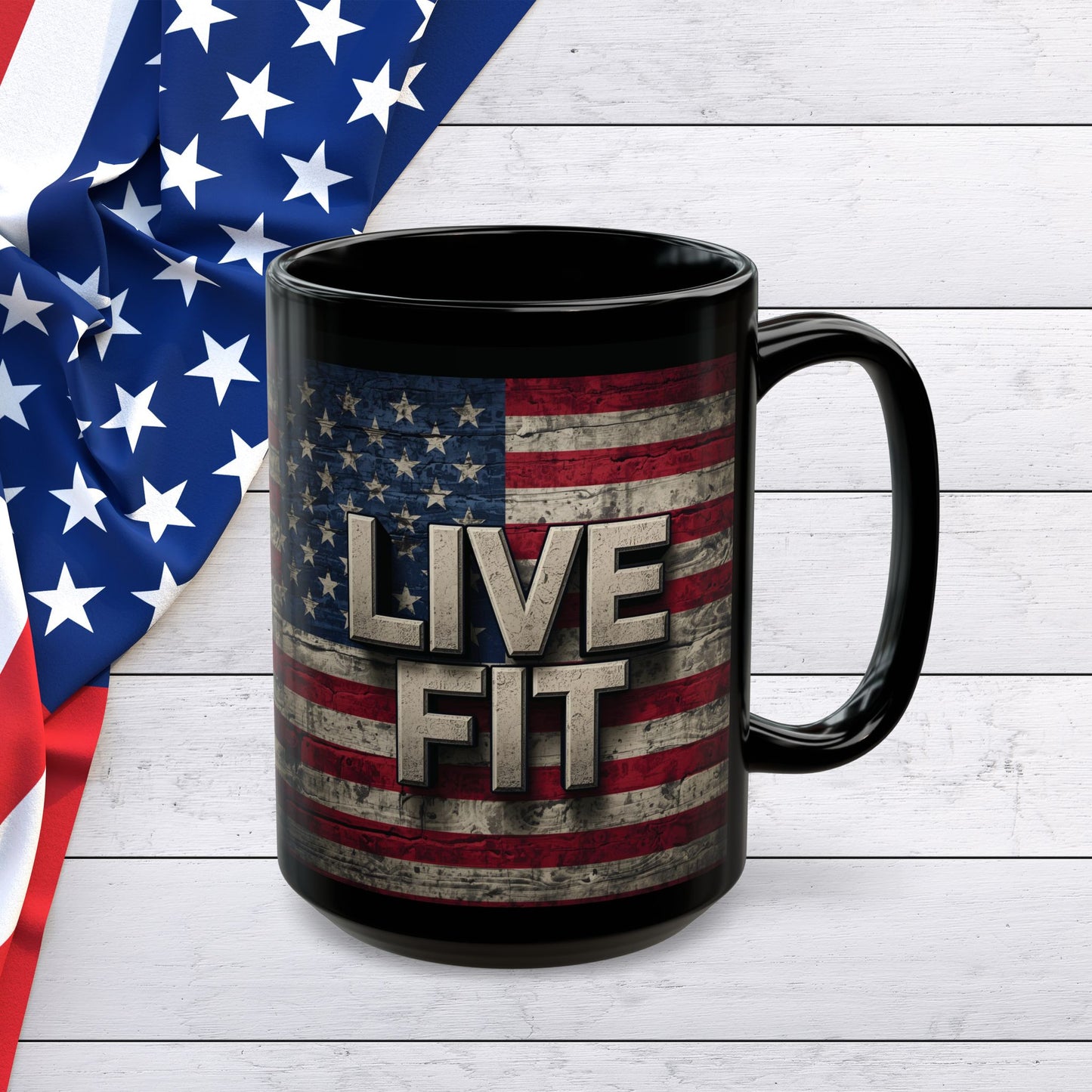 Black Mug - Patriotic Ceramic Coffee Mug - LIVE FIT - Vintage American Flag Backdrop Design - Red White Blue - 11oz or 15oz