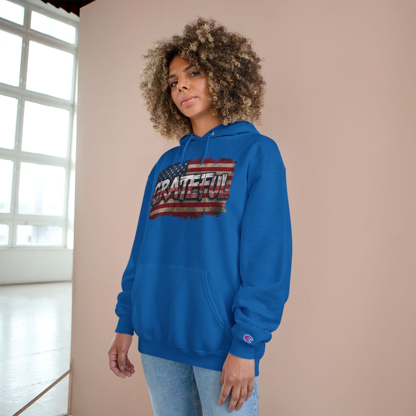 Champion Hoodie - Grateful American Flag - Red White Blue Backdrop
