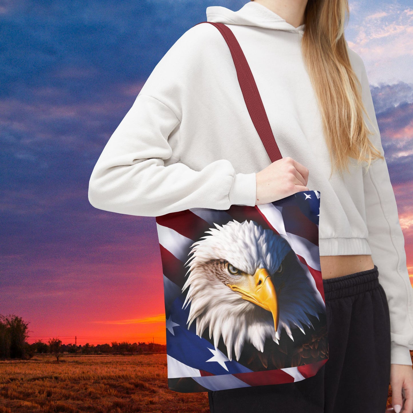 Patriotic Stylish American Flag Bald Eagle Red White & Blue All Over Print Tote Bag