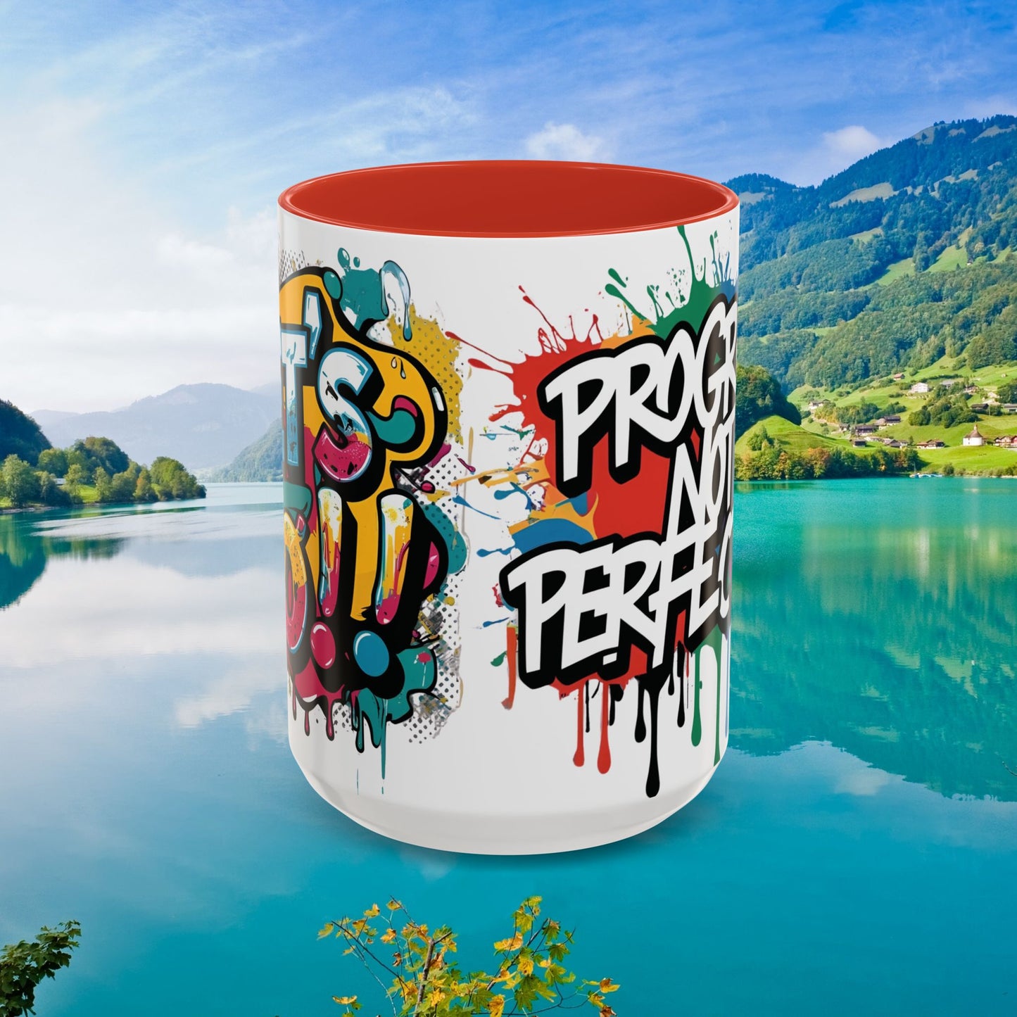Vibrant Ceramic Mug Inspirational Let's Go! Graffiti Mug Coffee Mug Progress Not Perfection Sizes 11oz & 15oz Birthday Gift Graduation Gift 8 Different Color Options