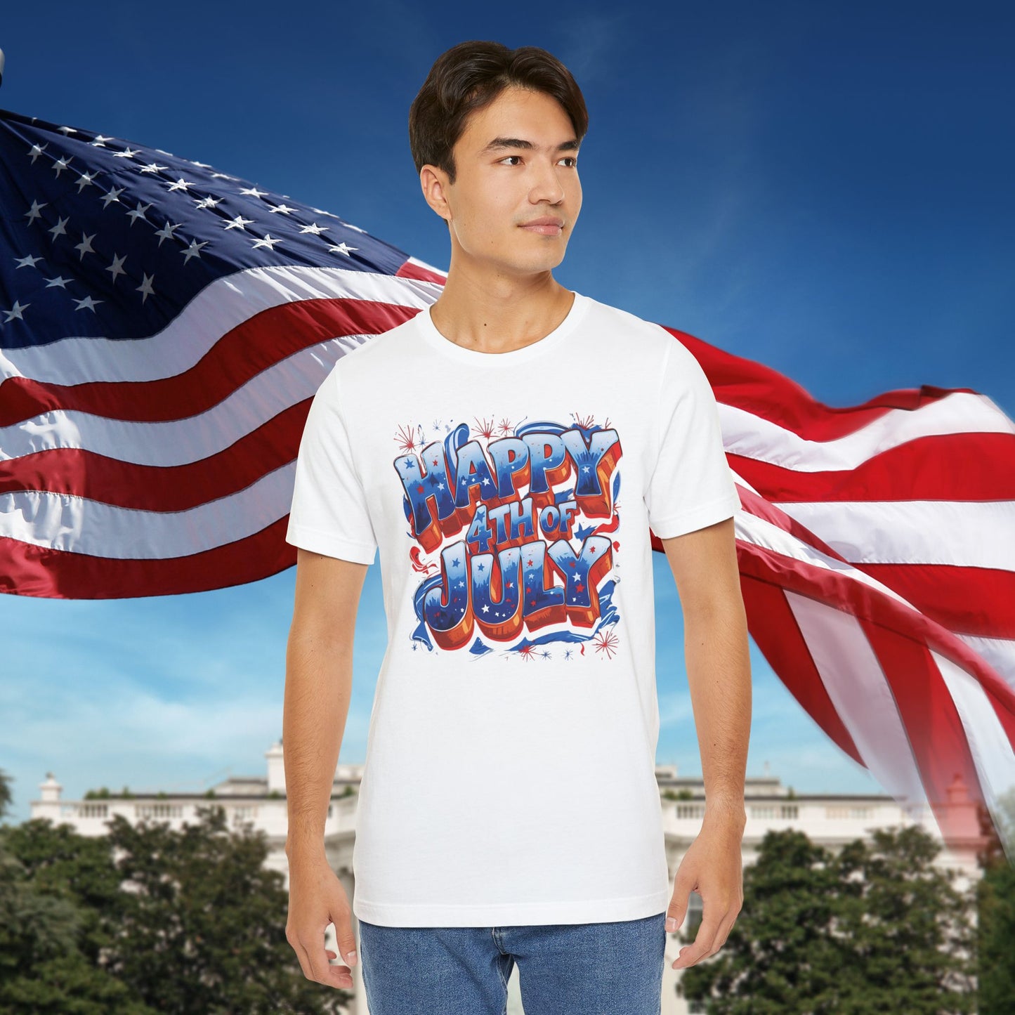 Happy 4th Of July, Print Design T-Shirt, Independence Day, American Flag, Bald Eagle, Red White Blue