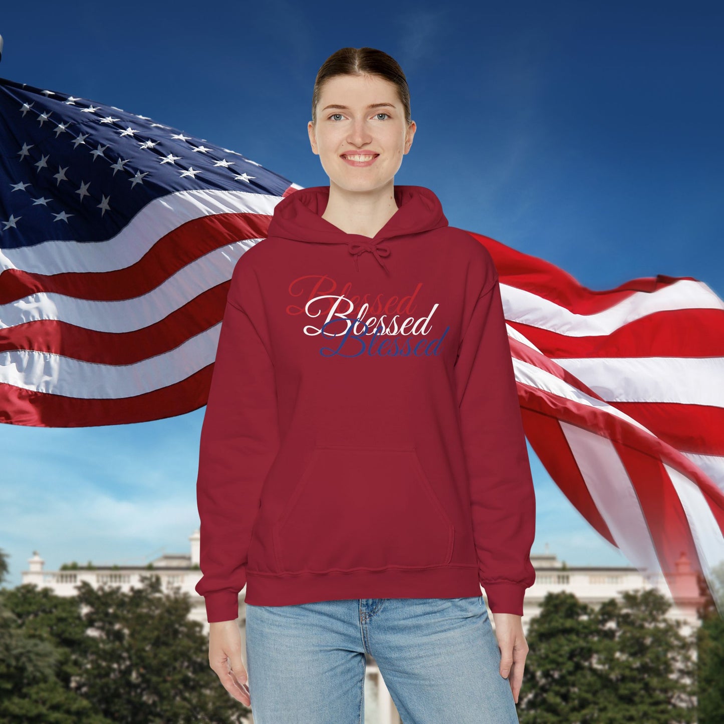 Blessed Hoodie – Patriotic Red, White & Blue Unisex Pullover Sweatshirt with Front & Back Print – Cozy, Positive Vibes Gift