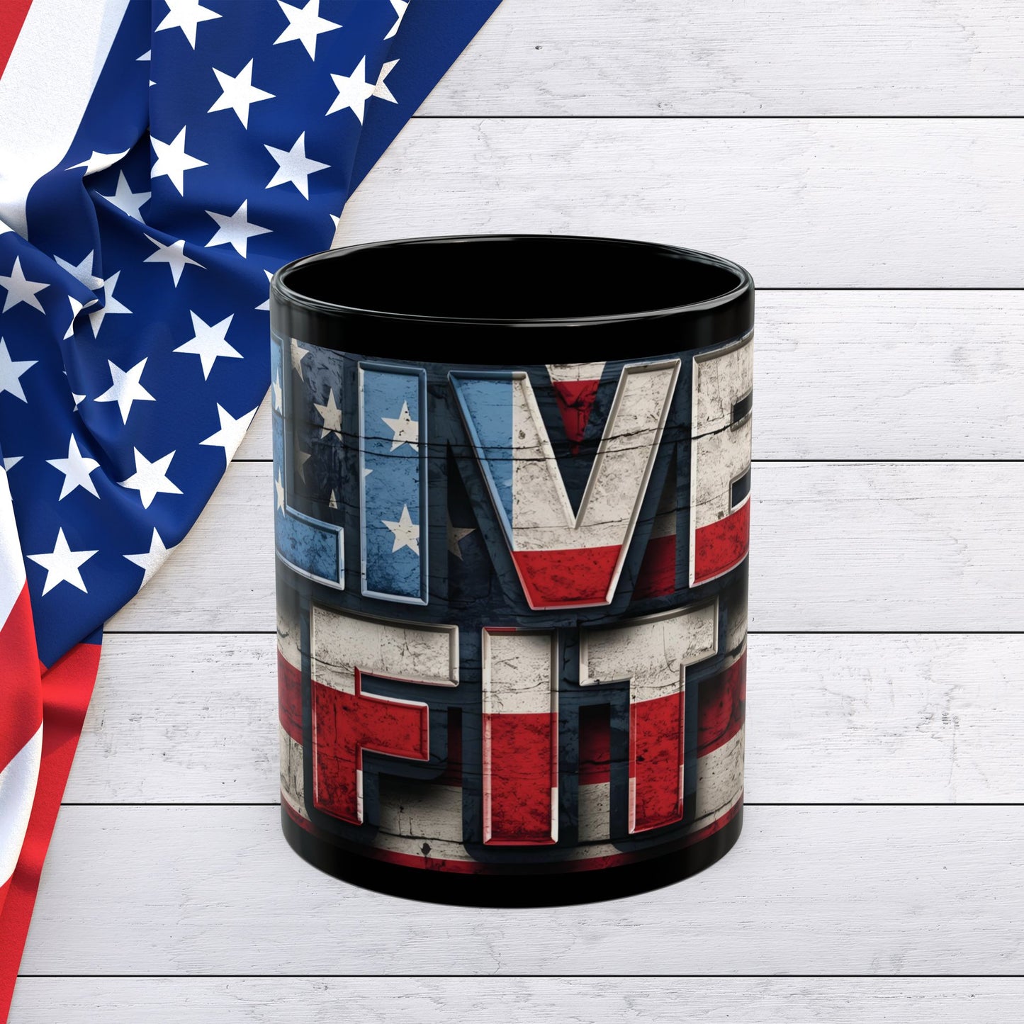 Eye-Catching - Red White Blue - Black Ceramic Mug - LIVE FIT - American Flag Backdrop