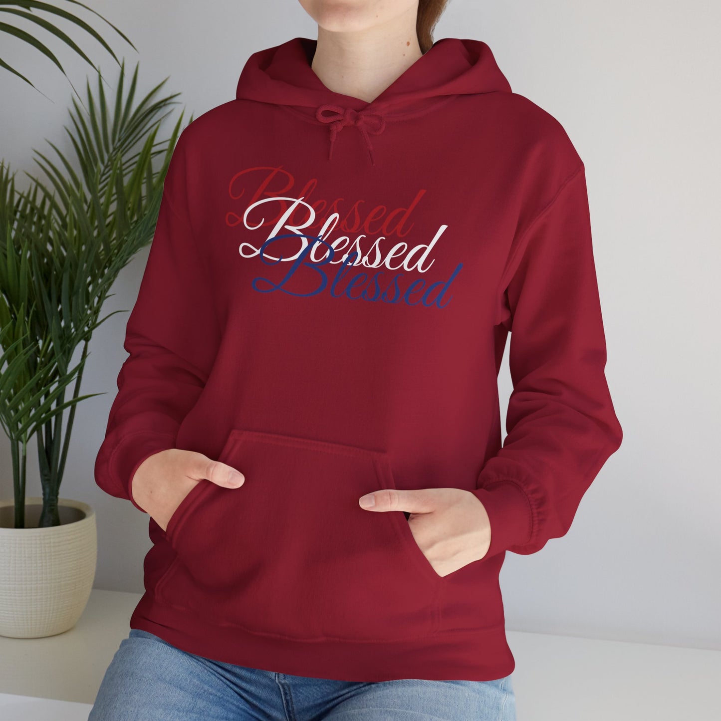 Blessed Hoodie – Patriotic Red, White & Blue Unisex Pullover Sweatshirt with Front & Back Print – Cozy, Positive Vibes Gift