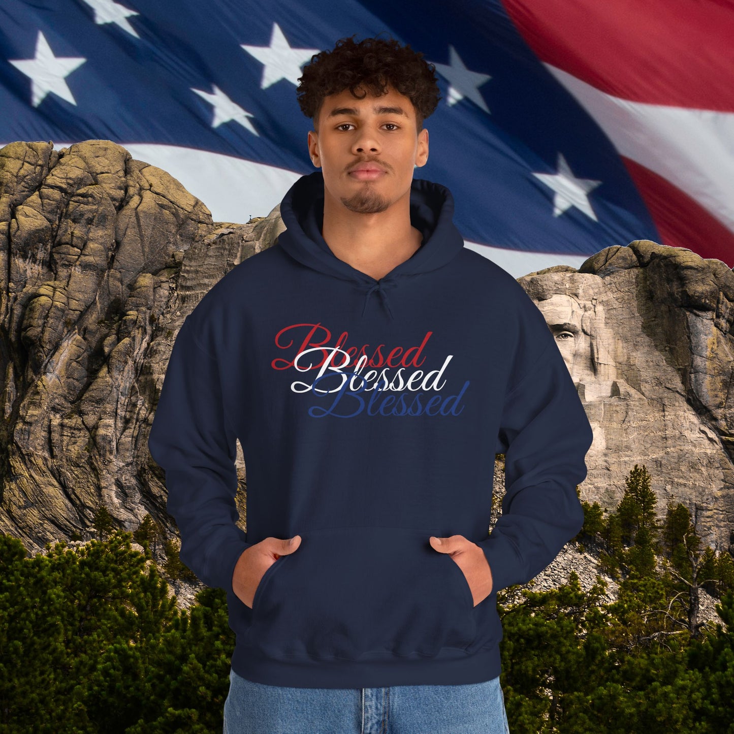 Blessed Hoodie – Patriotic Red, White & Blue Unisex Pullover Sweatshirt with Front & Back Print – Cozy, Positive Vibes Gift