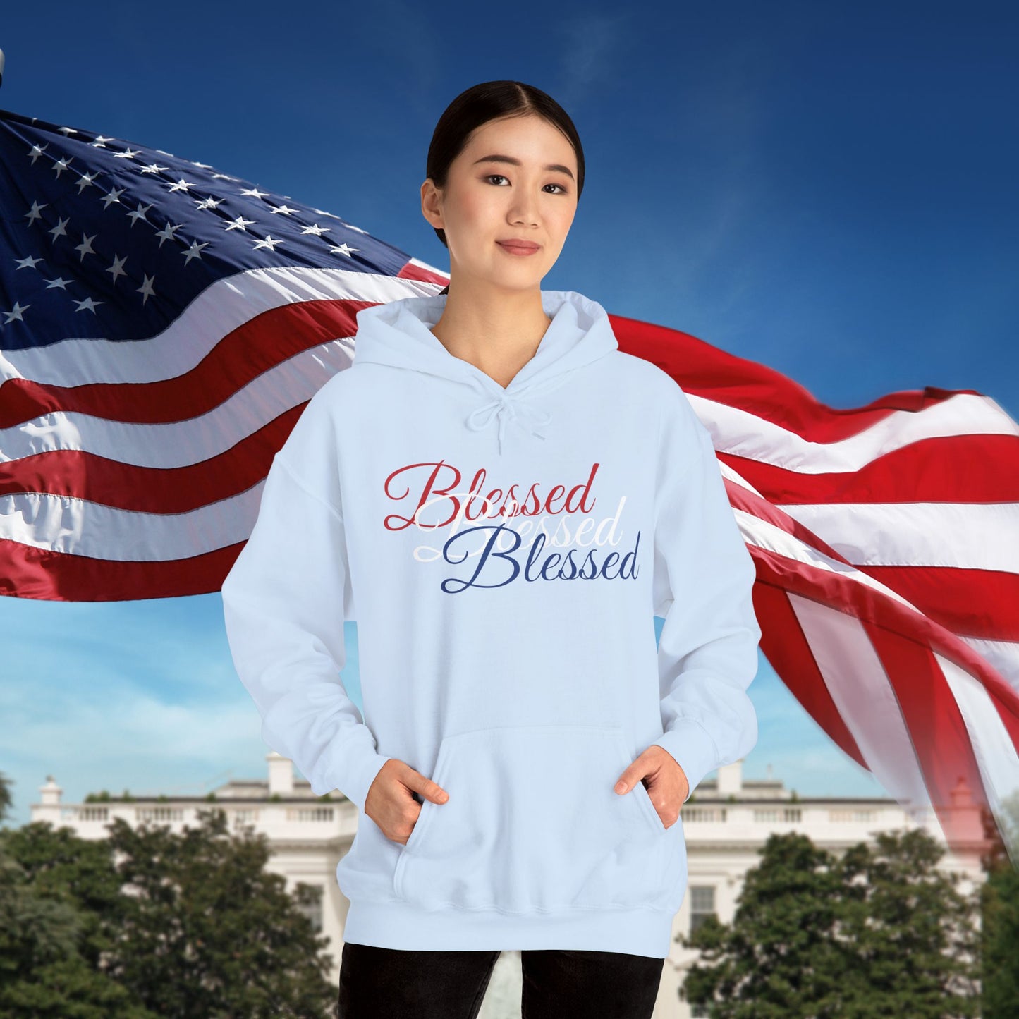 Blessed Hoodie – Patriotic Red, White & Blue Unisex Pullover Sweatshirt with Front & Back Print – Cozy, Positive Vibes Gift
