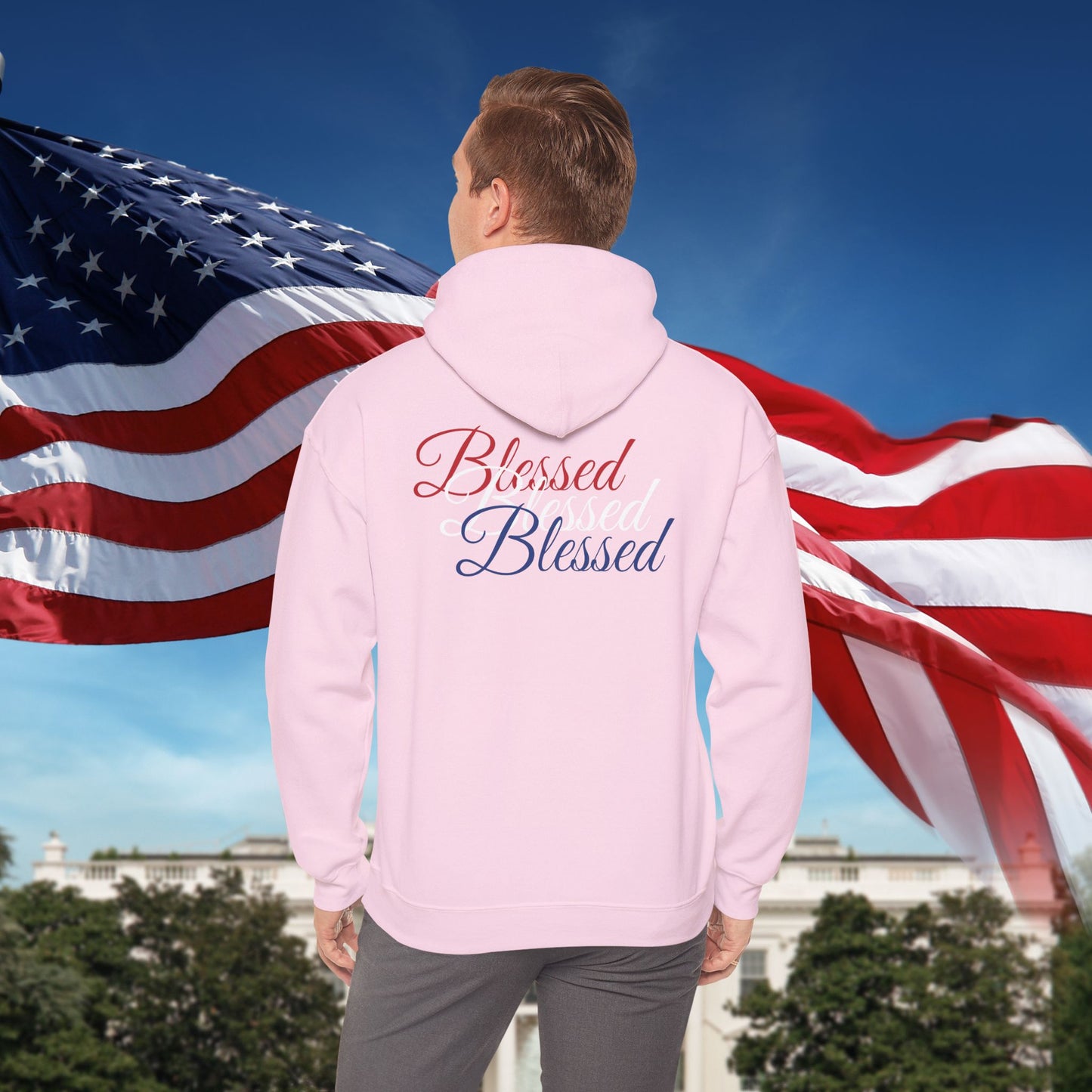 Blessed Hoodie – Patriotic Red, White & Blue Unisex Pullover Sweatshirt with Front & Back Print – Cozy, Positive Vibes Gift