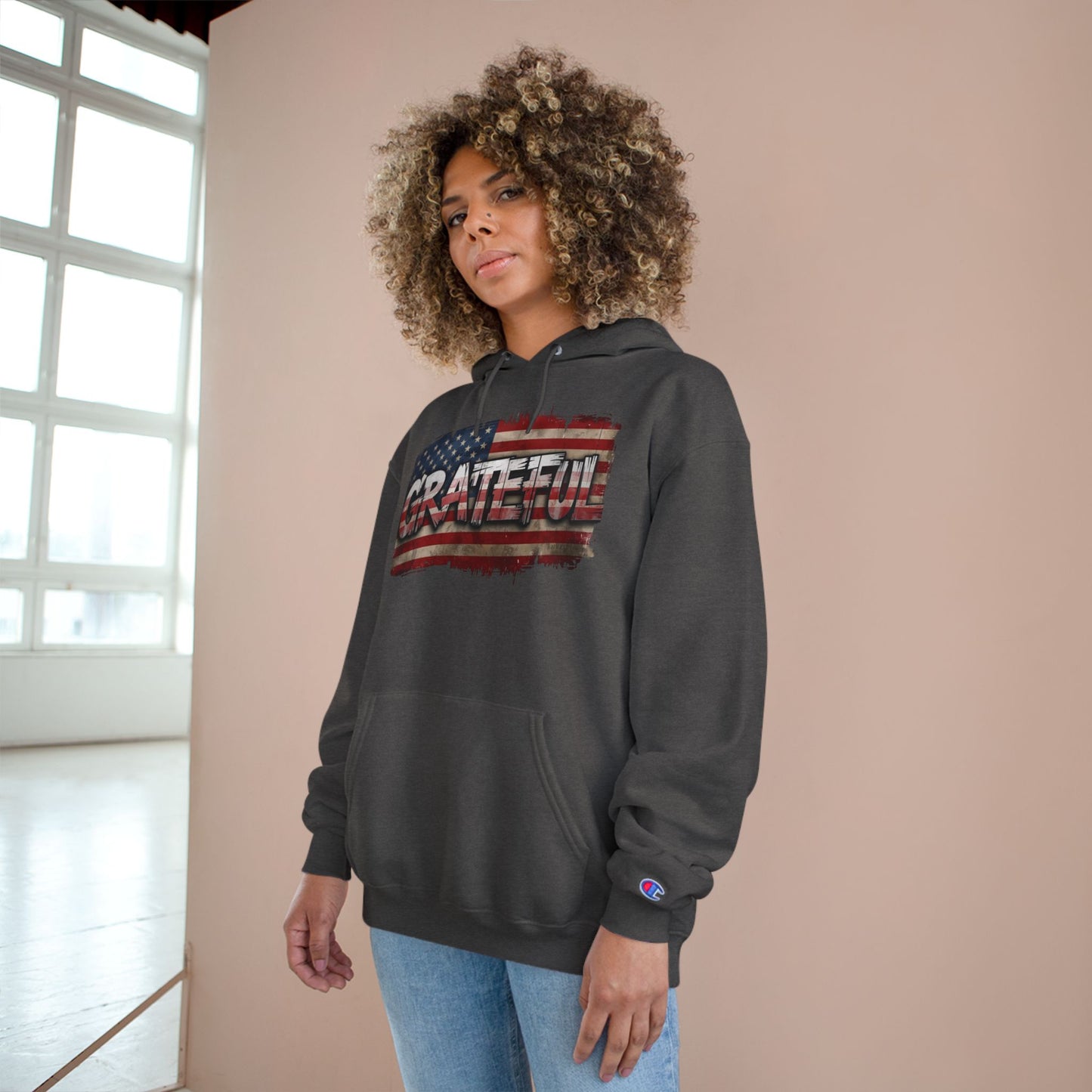 Champion Hoodie - Grateful American Flag - Red White Blue Backdrop