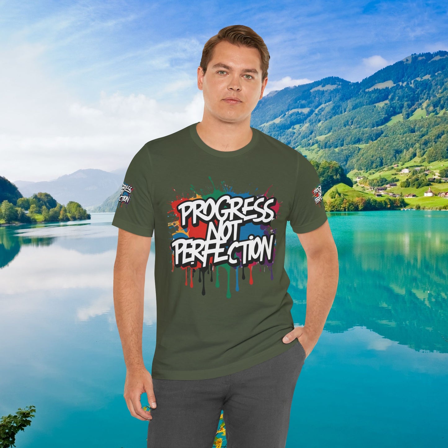 💥 Vibrant 💥 Eye-catching 💥 Motivational 💥 All Over Print 💥 Unisex T-shirt 💥 Progress Not Perfection 💥 Art-Inspired 💥 Apparel 💥 Sizes XS x 4XL 💥