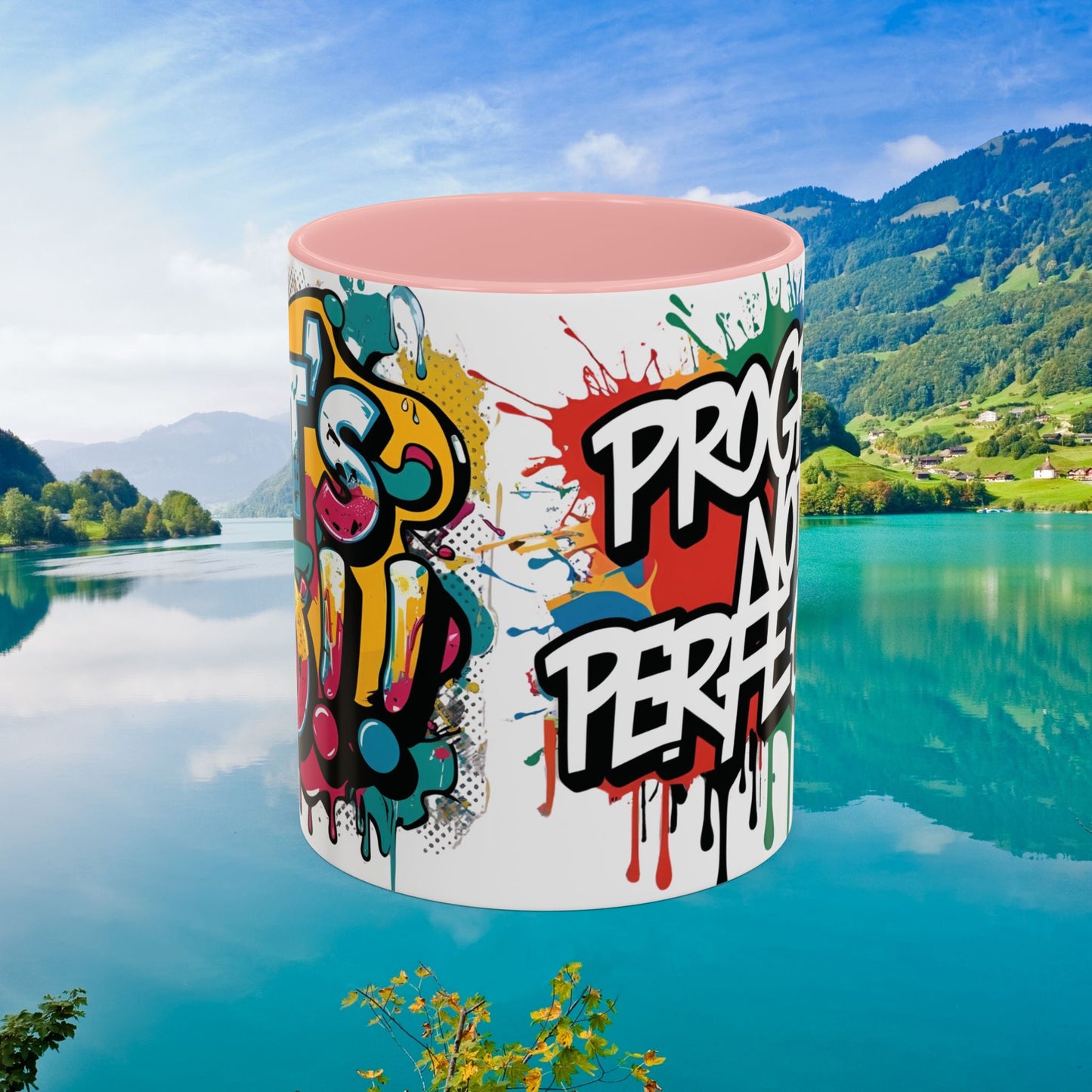 Vibrant Ceramic Mug Inspirational Let's Go! Graffiti Mug Coffee Mug Progress Not Perfection Sizes 11oz & 15oz Birthday Gift Graduation Gift 8 Different Color Options