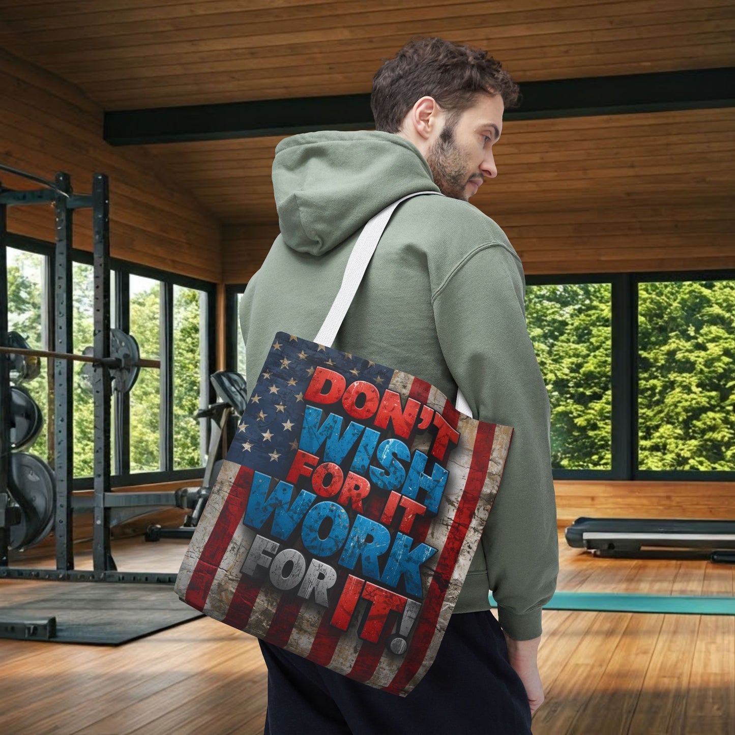 Motivational Tote Bag | American Flag Design | Don't Wish For It, Work For It | Gym, Grocery, Travel, Gifts, Everyday Carry
