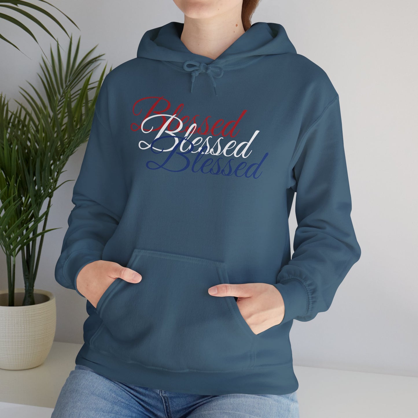 Blessed Hoodie – Patriotic Red, White & Blue Unisex Pullover Sweatshirt with Front & Back Print – Cozy, Positive Vibes Gift