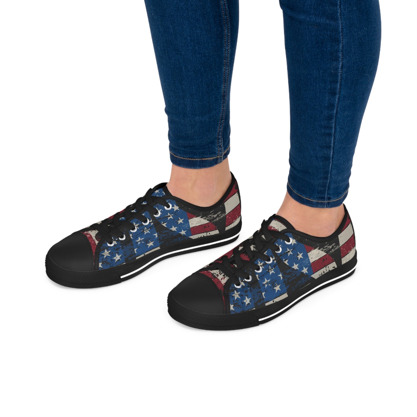 Eye-Catching - All Over Print - USA - Red White & Blue - Low Top Sneakers - Choice of White Sole - or Black Sole