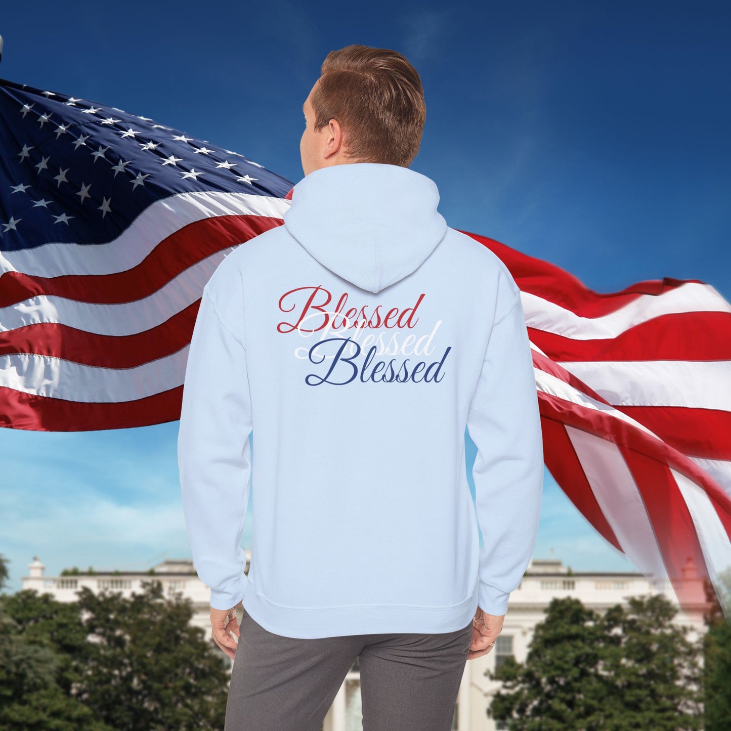 Blessed Hoodie – Patriotic Red, White & Blue Unisex Pullover Sweatshirt with Front & Back Print – Cozy, Positive Vibes Gift