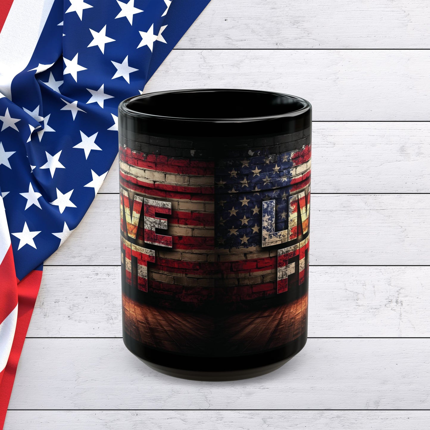 Patriotic Coffee Mug - LIVE FIT Black Ceramic Mug - USA Flag Backdrop Design - Gift for Fitness Enthusiasts - Independence Day - Home Office Decor - 11oz - 15oz -