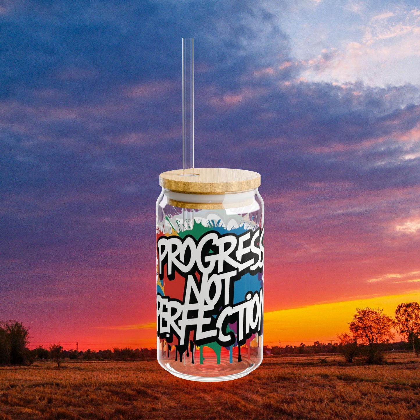 π₯ Sipper Glass 16oz π₯ Vibrant π₯ Progress Not Perfection Design π₯