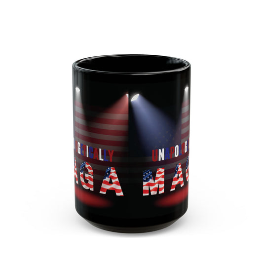 Unapologetically MAGA - Red White Blue - American Flag Spotlight Design - USA Pride - Sleek Black Ceramic Mug - 11oz - 15oz