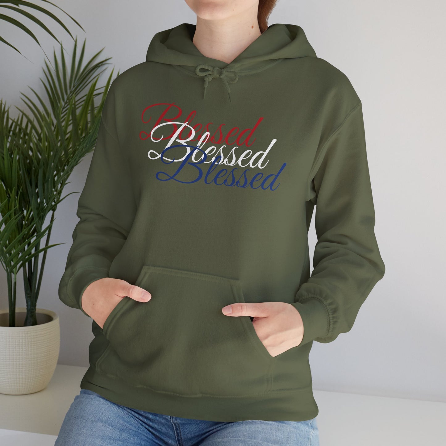 Blessed Hoodie – Patriotic Red, White & Blue Unisex Pullover Sweatshirt with Front & Back Print – Cozy, Positive Vibes Gift