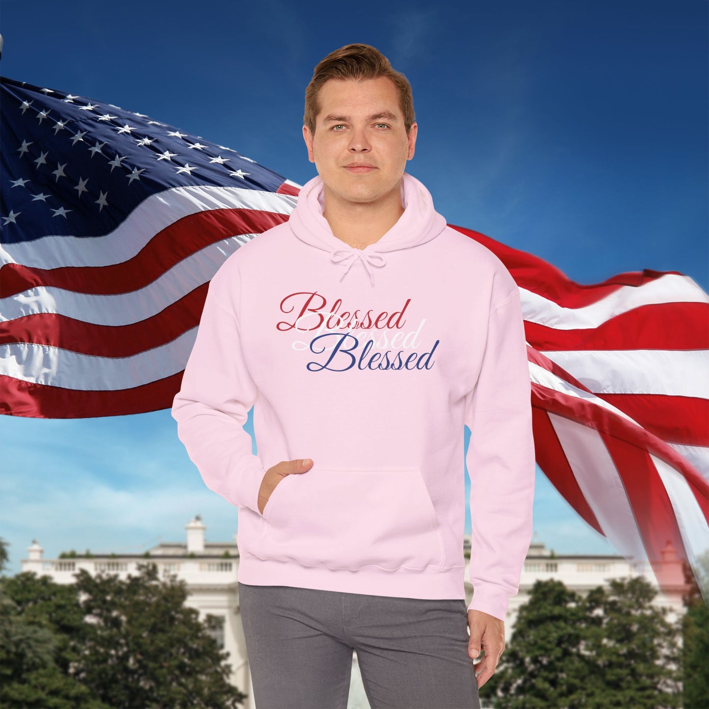Blessed Hoodie – Patriotic Red, White & Blue Unisex Pullover Sweatshirt with Front & Back Print – Cozy, Positive Vibes Gift