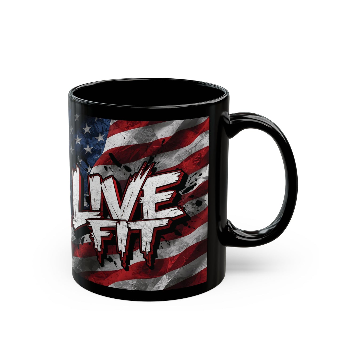 Stylish Black Ceramic Mug - LIVE FIT Design - American Flag Backdrop - Red White Blue