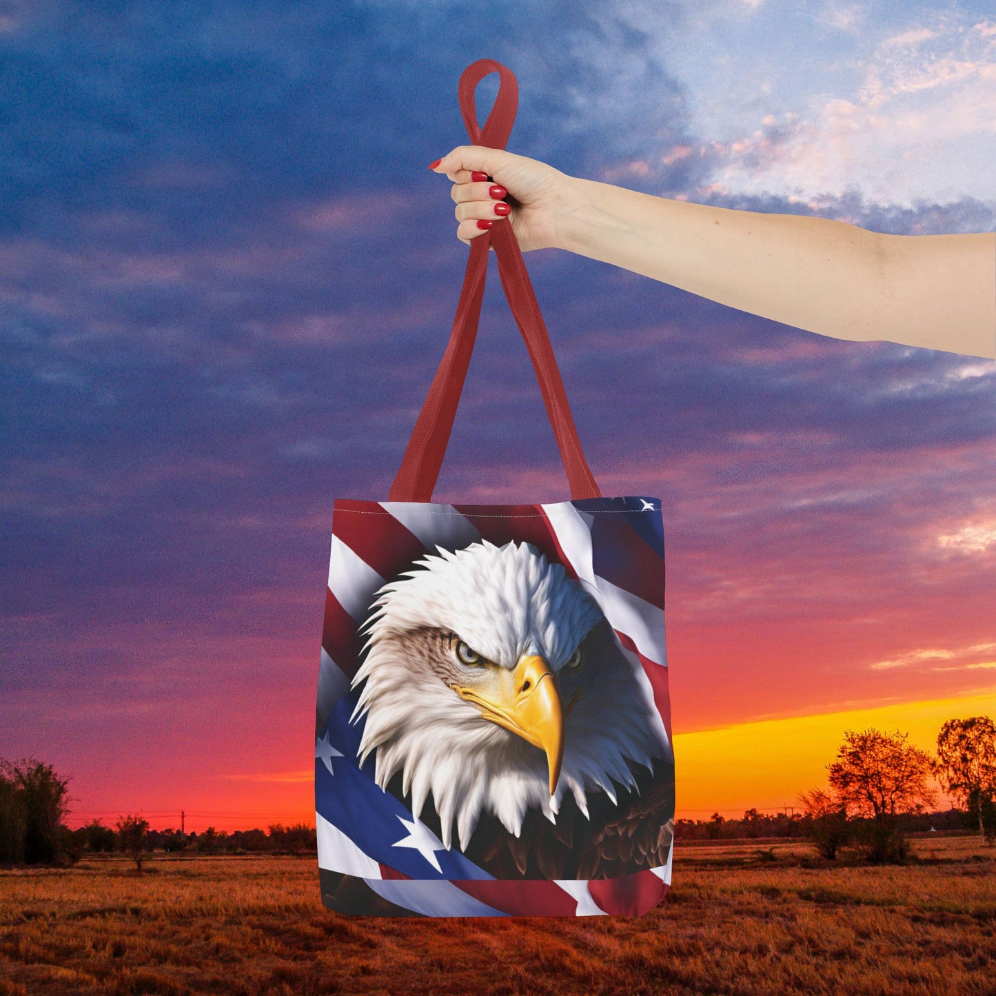 Patriotic Stylish American Flag Bald Eagle Red White & Blue All Over Print Tote Bag