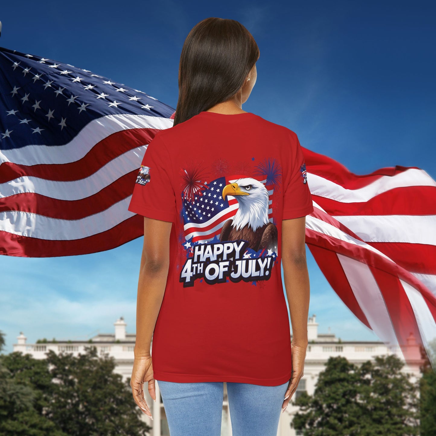 Happy 4th of July, Print Design, Unisex T-Shirt, Patriotic Print Design, Independence Day Shirt, Red White Blue Shirt, USA Tee Gift, Gift For Her, Gift For Him, American Flag, Bald Eagle
