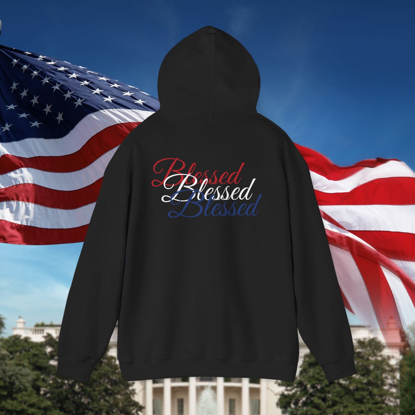 Blessed Hoodie – Patriotic Red, White & Blue Unisex Pullover Sweatshirt with Front & Back Print – Cozy, Positive Vibes Gift