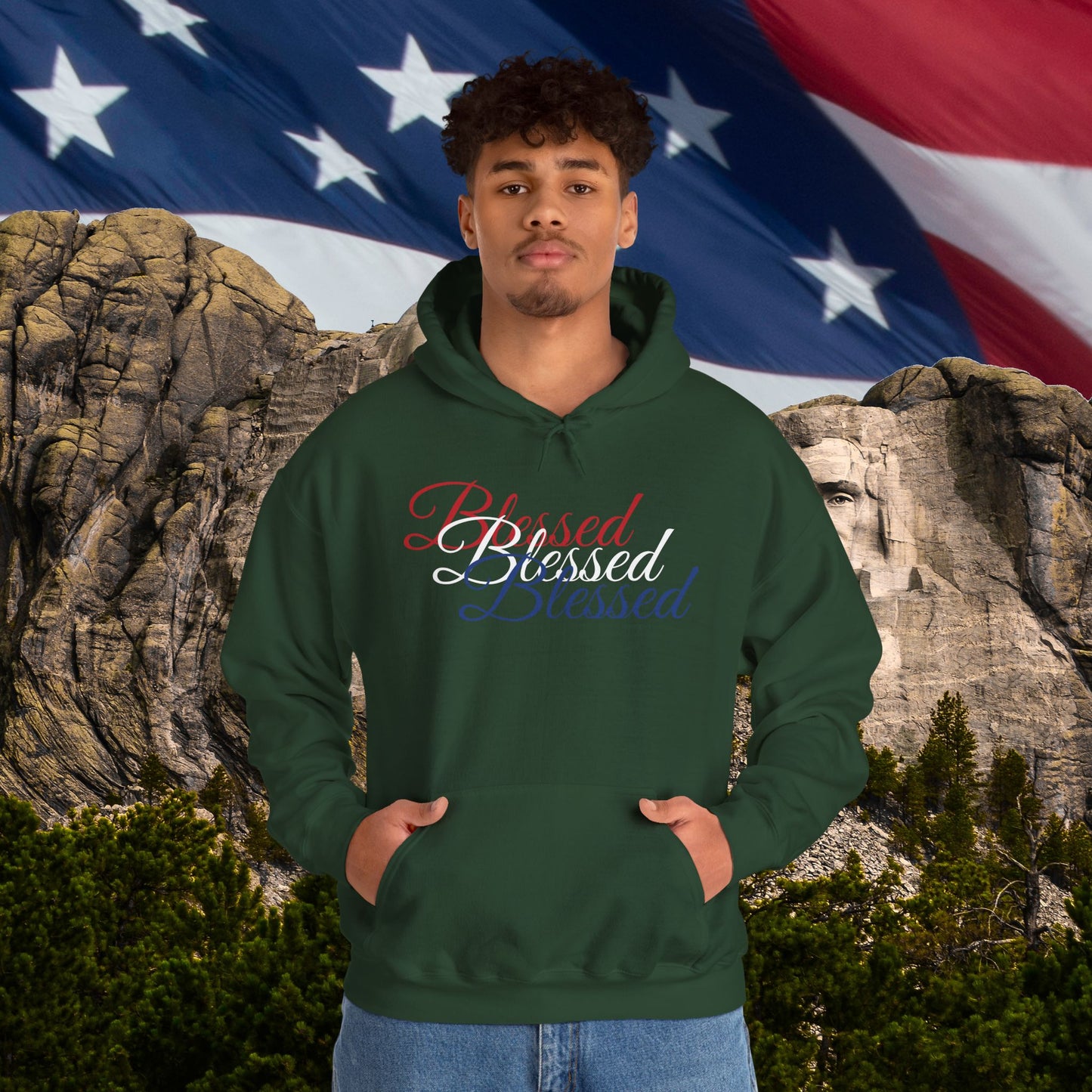 Blessed Hoodie – Patriotic Red, White & Blue Unisex Pullover Sweatshirt with Front & Back Print – Cozy, Positive Vibes Gift