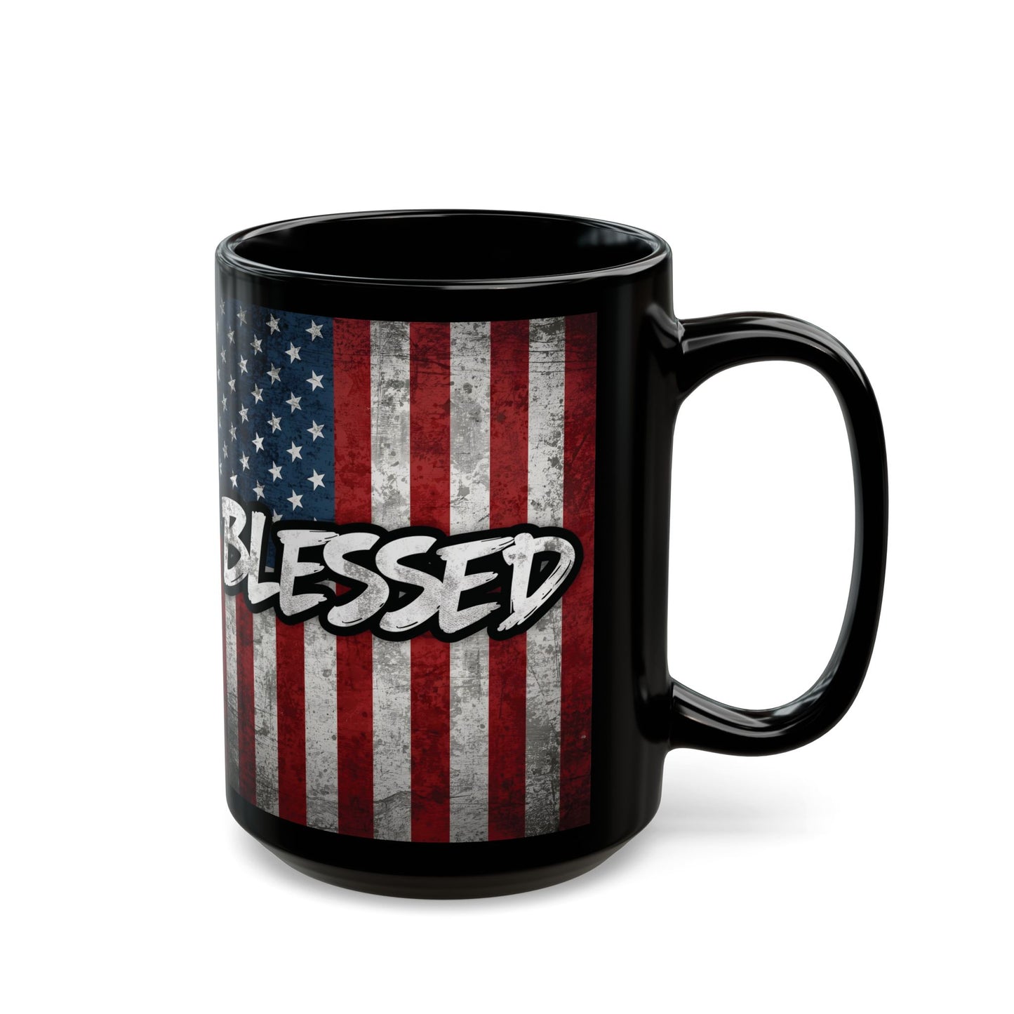 Sleek Ceramic Black Mug Blessed - American Flag - Patriotic Coffee Lover Gift - Home Decor - 11oz - 15oz