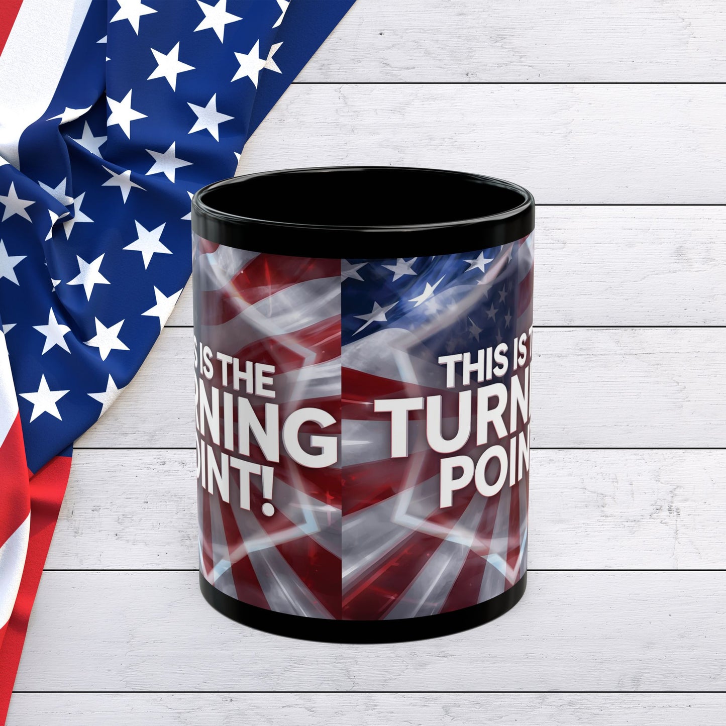 This Is The Turning Point! - Charlie Kirk - Patriotic - American Flag Backdrop- Sleek Black Ceramic Mug - 11oz - 15oz