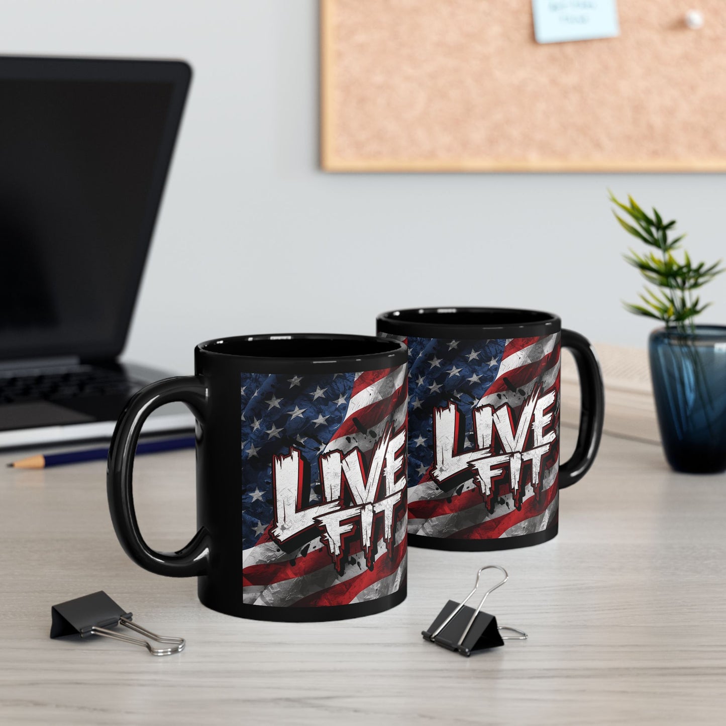 Stylish Black Ceramic Mug - LIVE FIT Design - American Flag Backdrop - Red White Blue