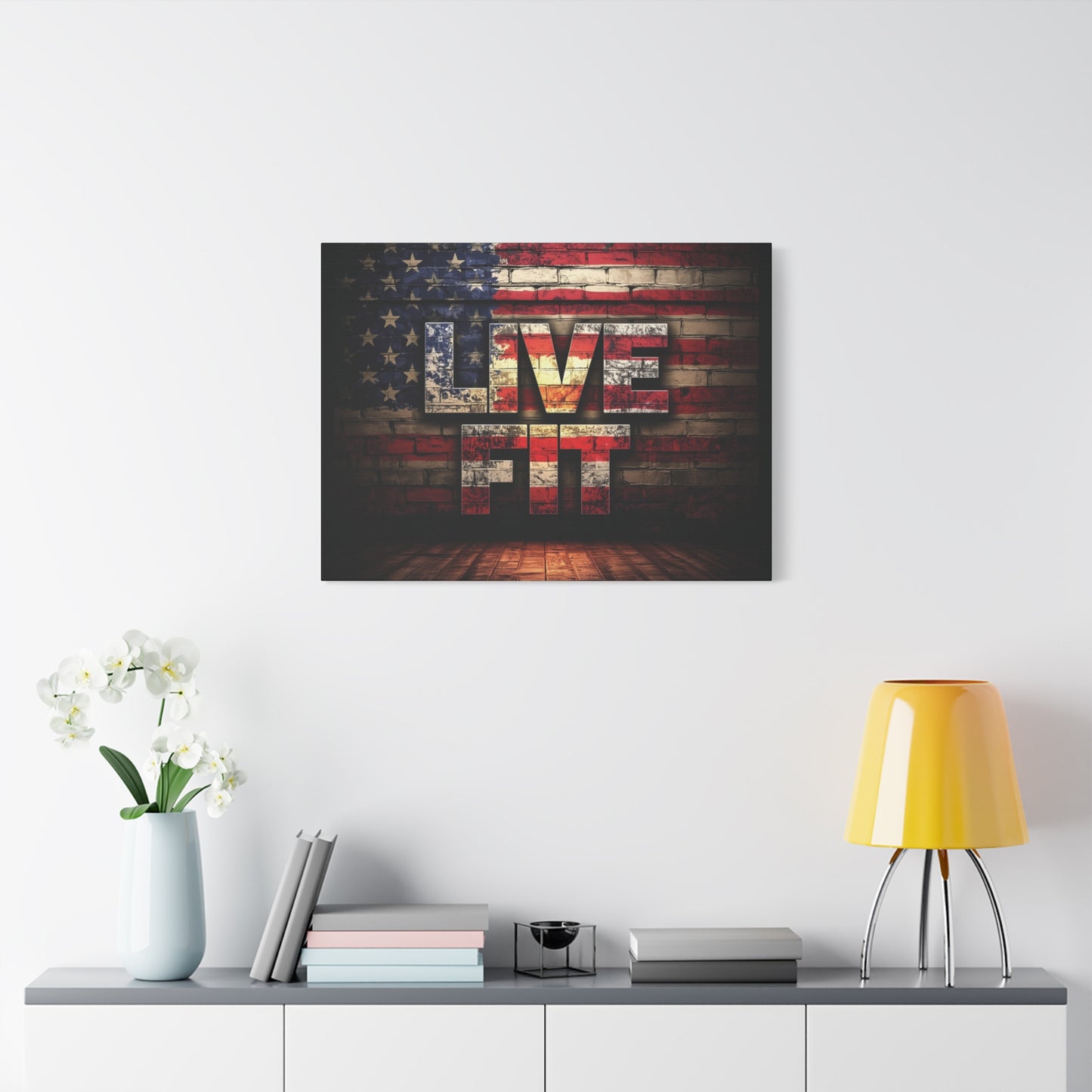 American Pride Canvas Wall Art - Live Fit Decor - Fitness Motivation - Patriotic Gift - USA Flag Artwork - Red White Blue -
