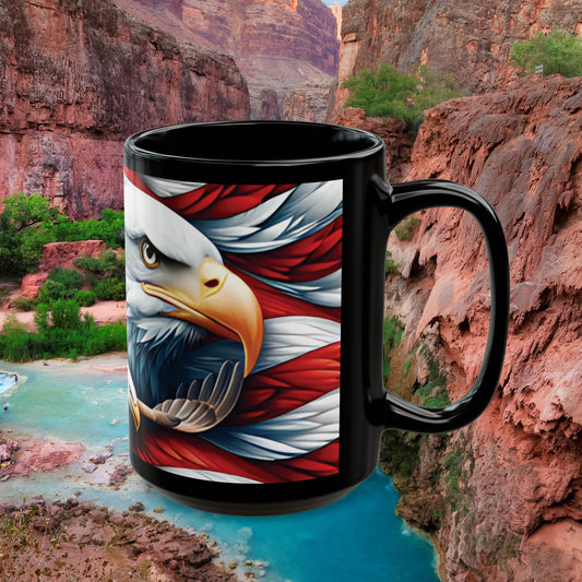 Eye-Catching Patriotic Bald Eagle American Flag Red White & Blue Black Mug 11oz & 15oz Perfect for Celebrations and Gifting