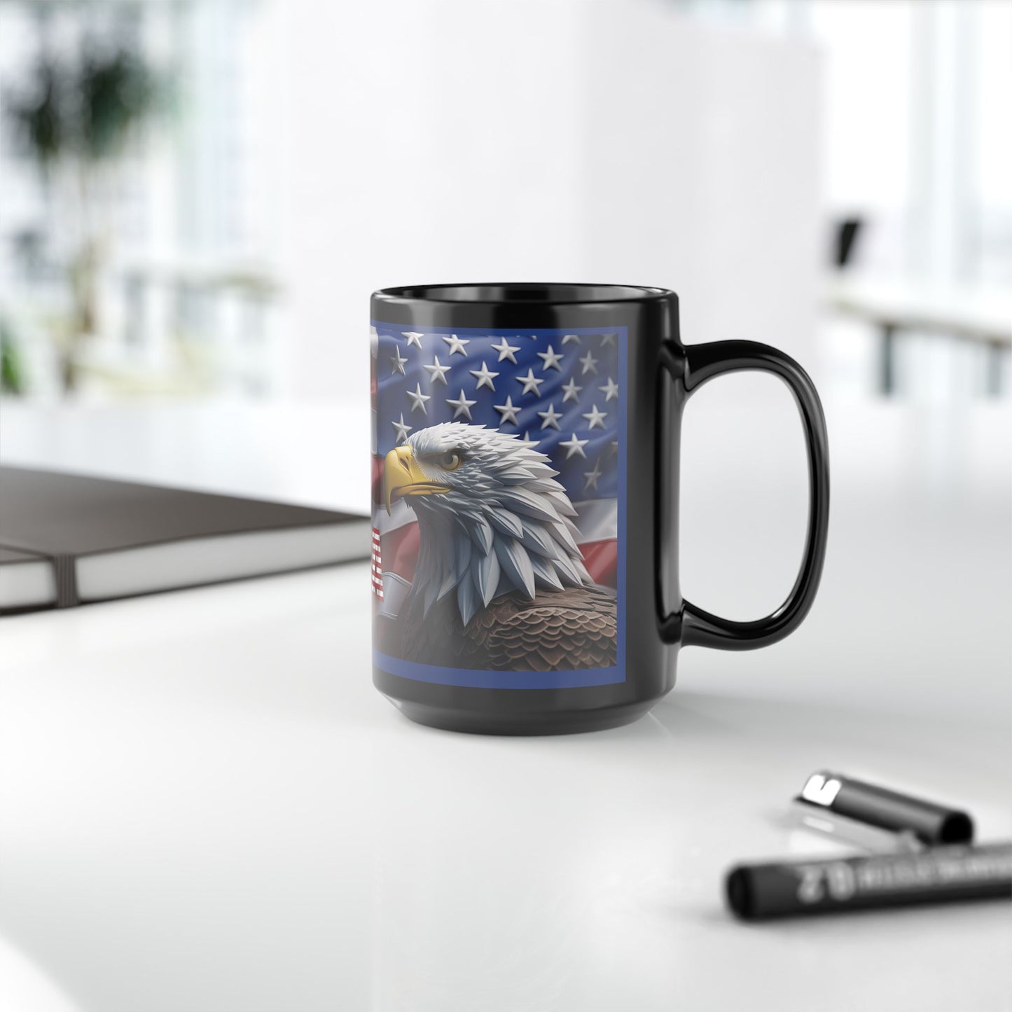 Patriotic USA Bald Eagle Ceramic Coffee Mug – Red, White & Blue American Flag Cup – Black Ceramic 11oz & 15oz – Veterans Day Gift, Independence Day Decor