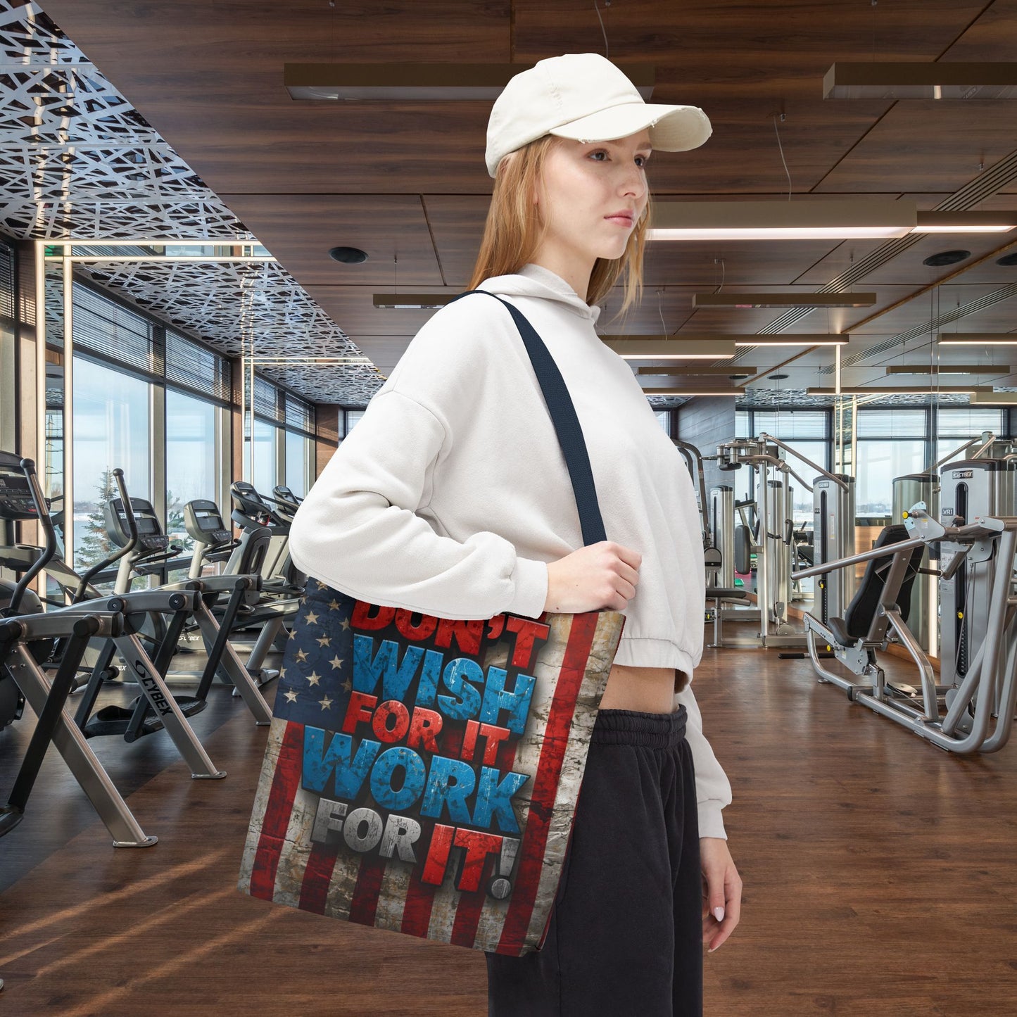 Motivational Tote Bag | American Flag Design | Don't Wish For It, Work For It | Gym, Grocery, Travel, Gifts, Everyday Carry