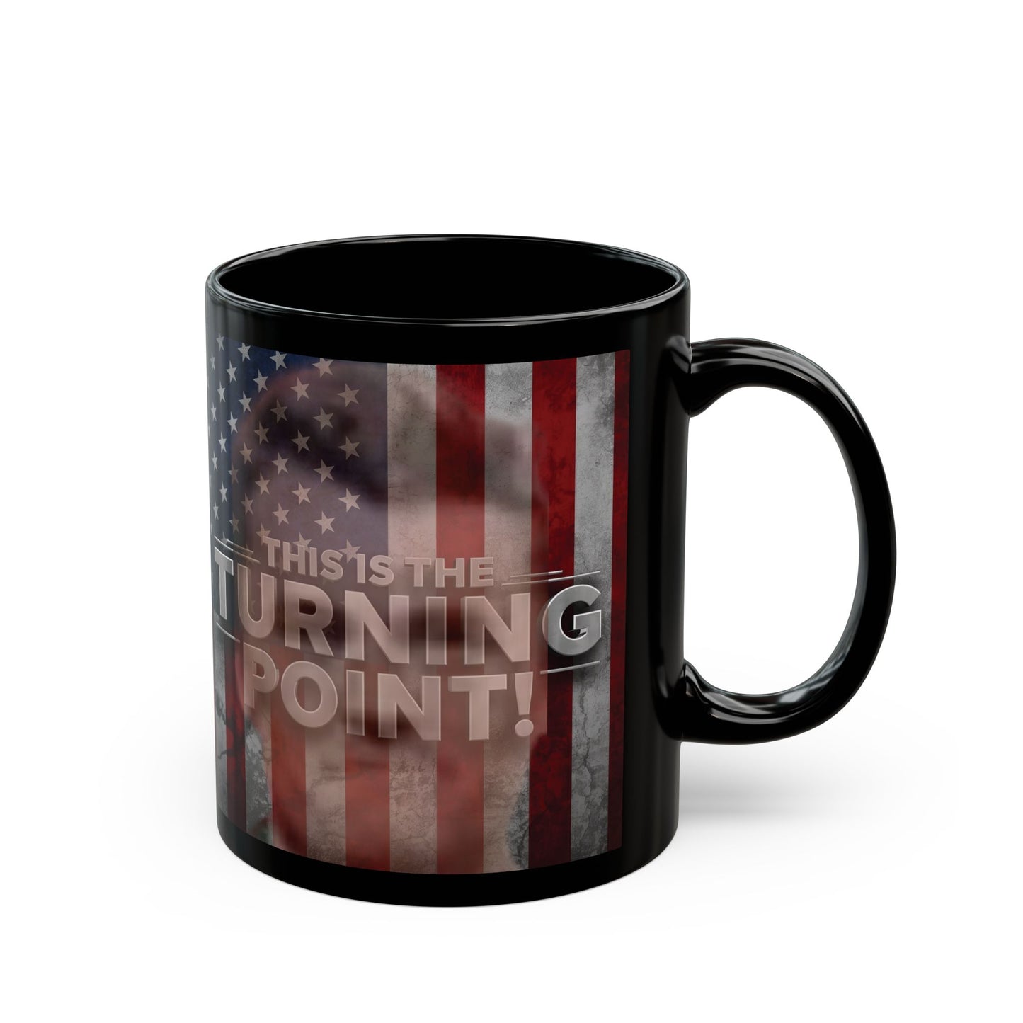 Patriotic Mug - This Is The Turning Point! - Charlie Kirk - American Flag Backdrop - Black Ceramic Mug - 11oz - 15oz -