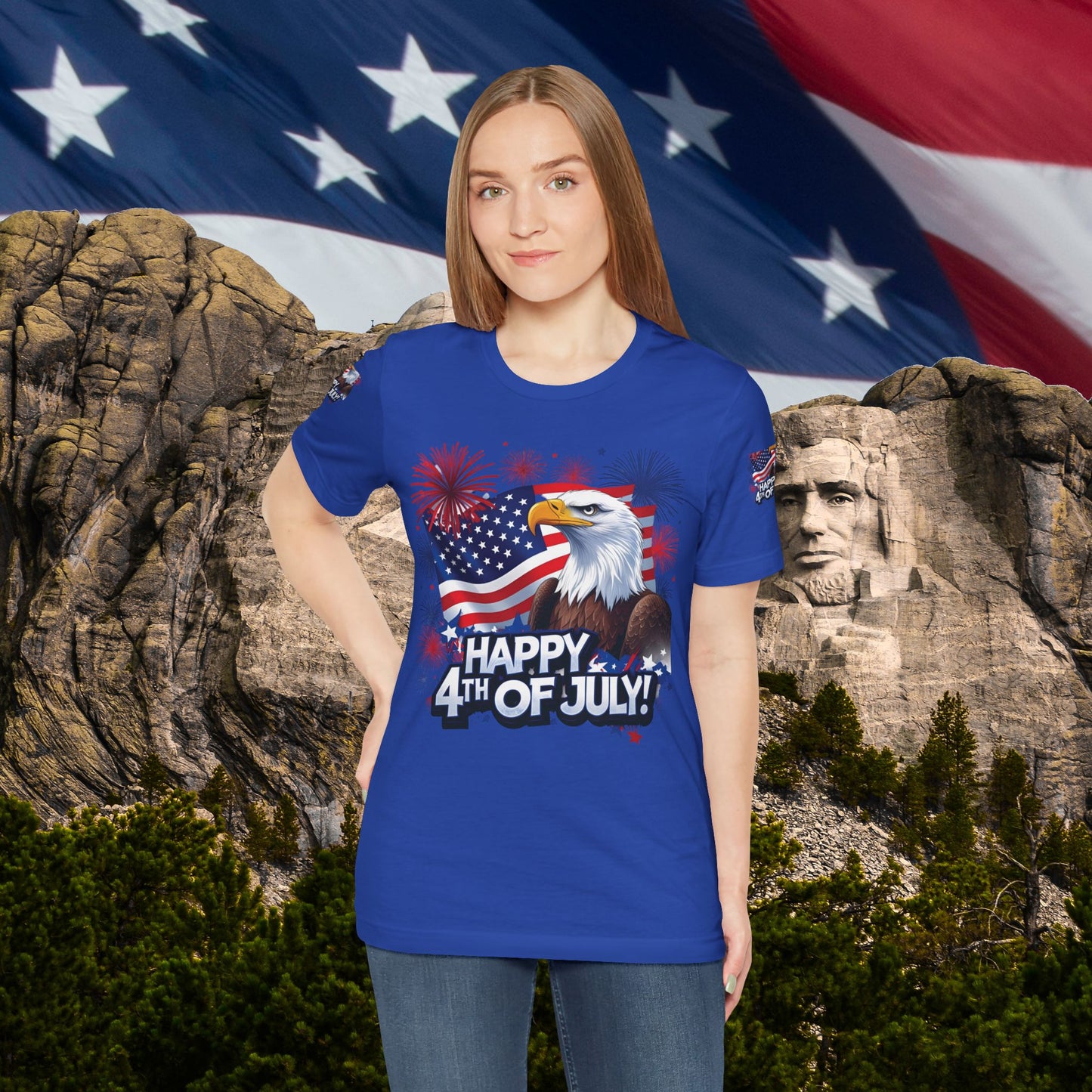 Happy 4th of July, Print Design, Unisex T-Shirt, Patriotic Print Design, Independence Day Shirt, Red White Blue Shirt, USA Tee Gift, Gift For Her, Gift For Him, American Flag, Bald Eagle