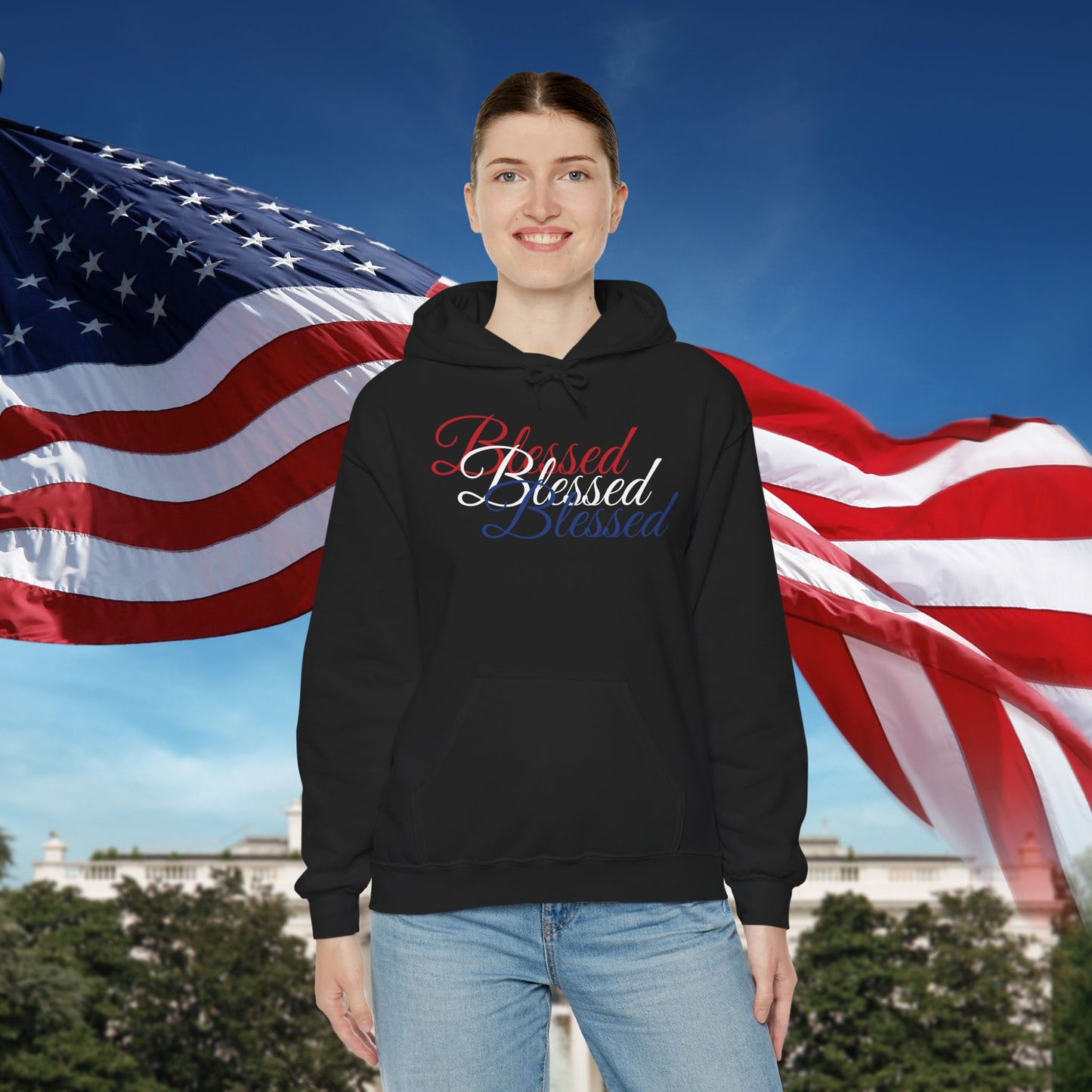 Blessed Hoodie – Patriotic Red, White & Blue Unisex Pullover Sweatshirt with Front & Back Print – Cozy, Positive Vibes Gift