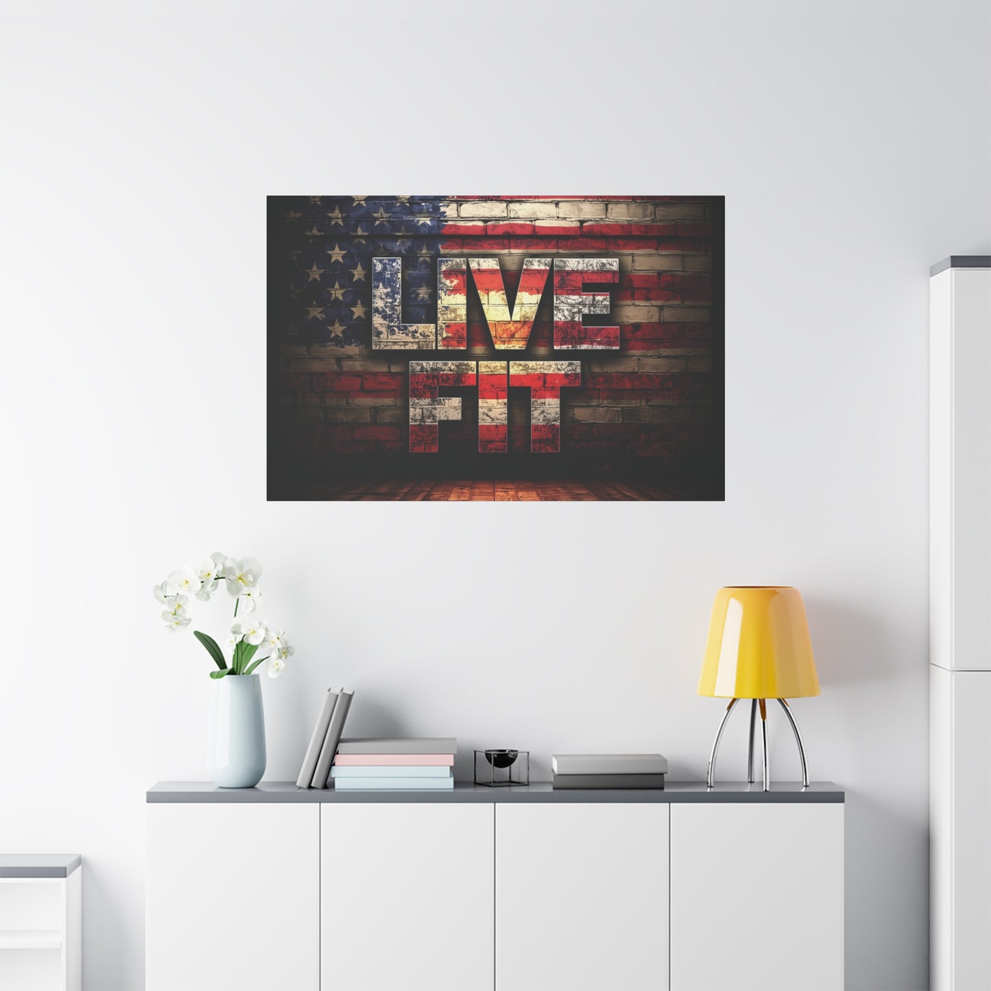 American Pride Canvas Wall Art - Live Fit Decor - Fitness Motivation - Patriotic Gift - USA Flag Artwork - Red White Blue -