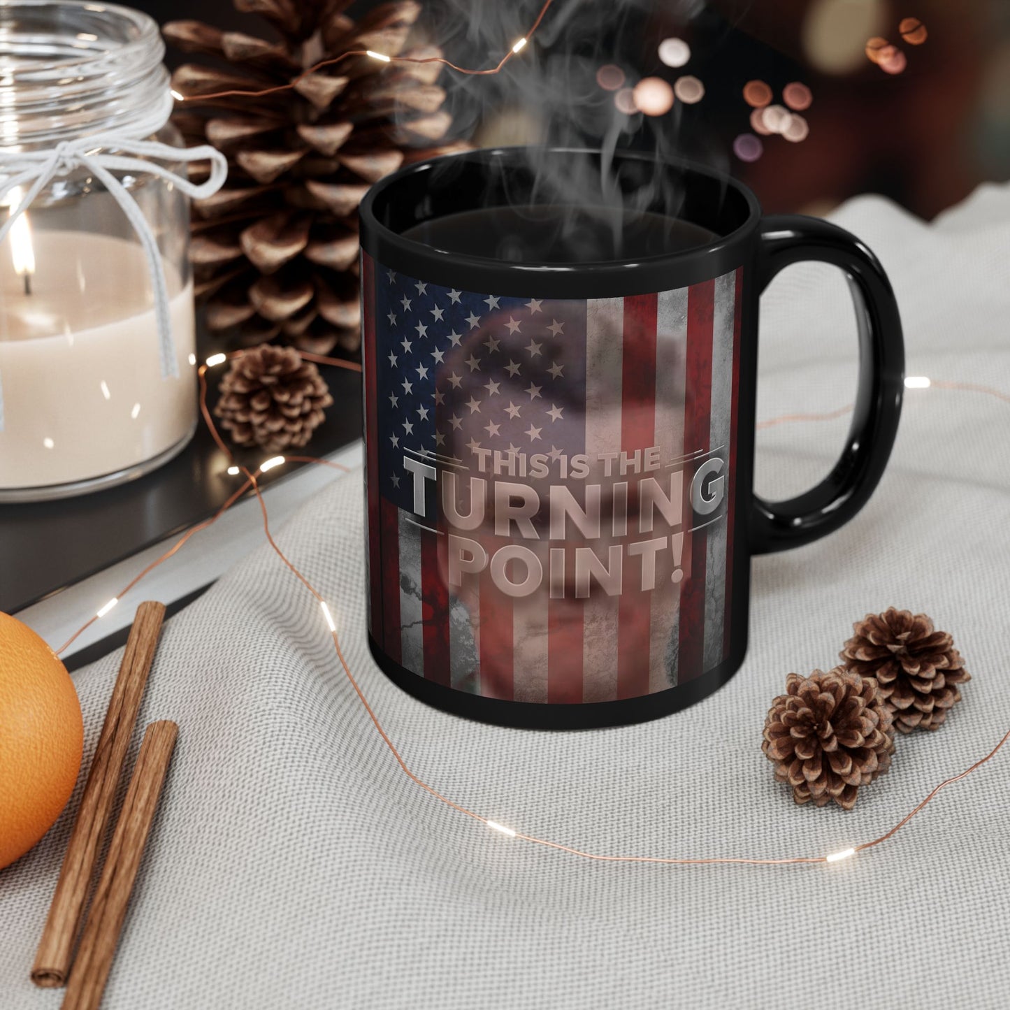 Patriotic Mug - This Is The Turning Point! - Charlie Kirk - American Flag Backdrop - Black Ceramic Mug - 11oz - 15oz -