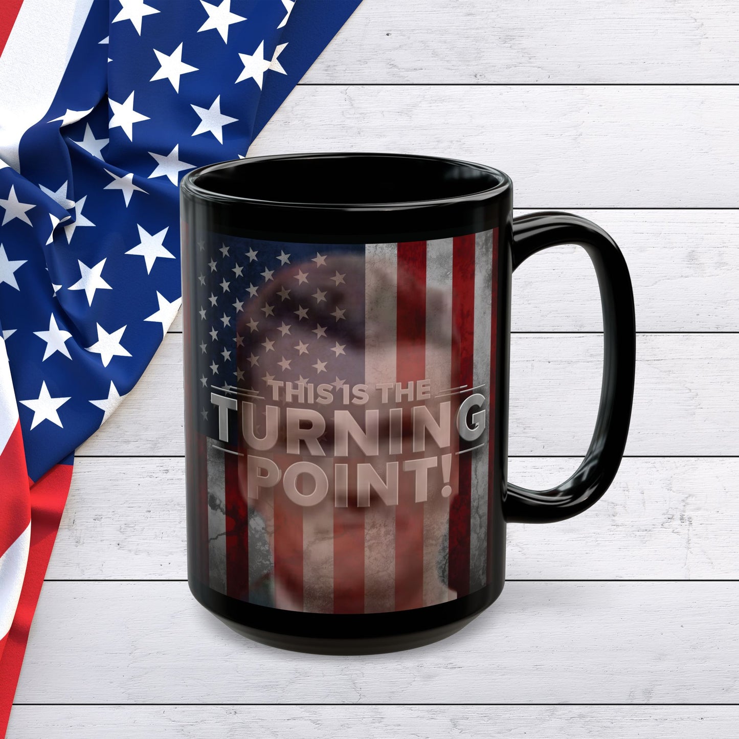 Patriotic Mug - This Is The Turning Point! - Charlie Kirk - American Flag Backdrop - Black Ceramic Mug - 11oz - 15oz -