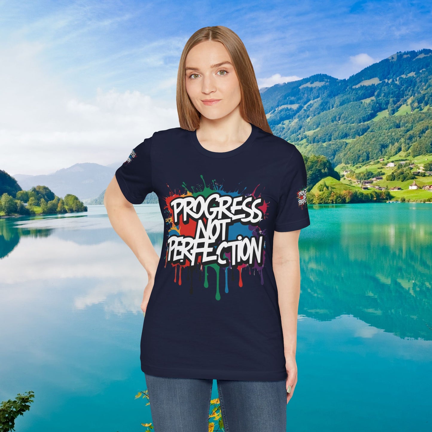 💥 Vibrant 💥 Eye-catching 💥 Motivational 💥 All Over Print 💥 Unisex T-shirt 💥 Progress Not Perfection 💥 Art-Inspired 💥 Apparel 💥 Sizes XS x 4XL 💥