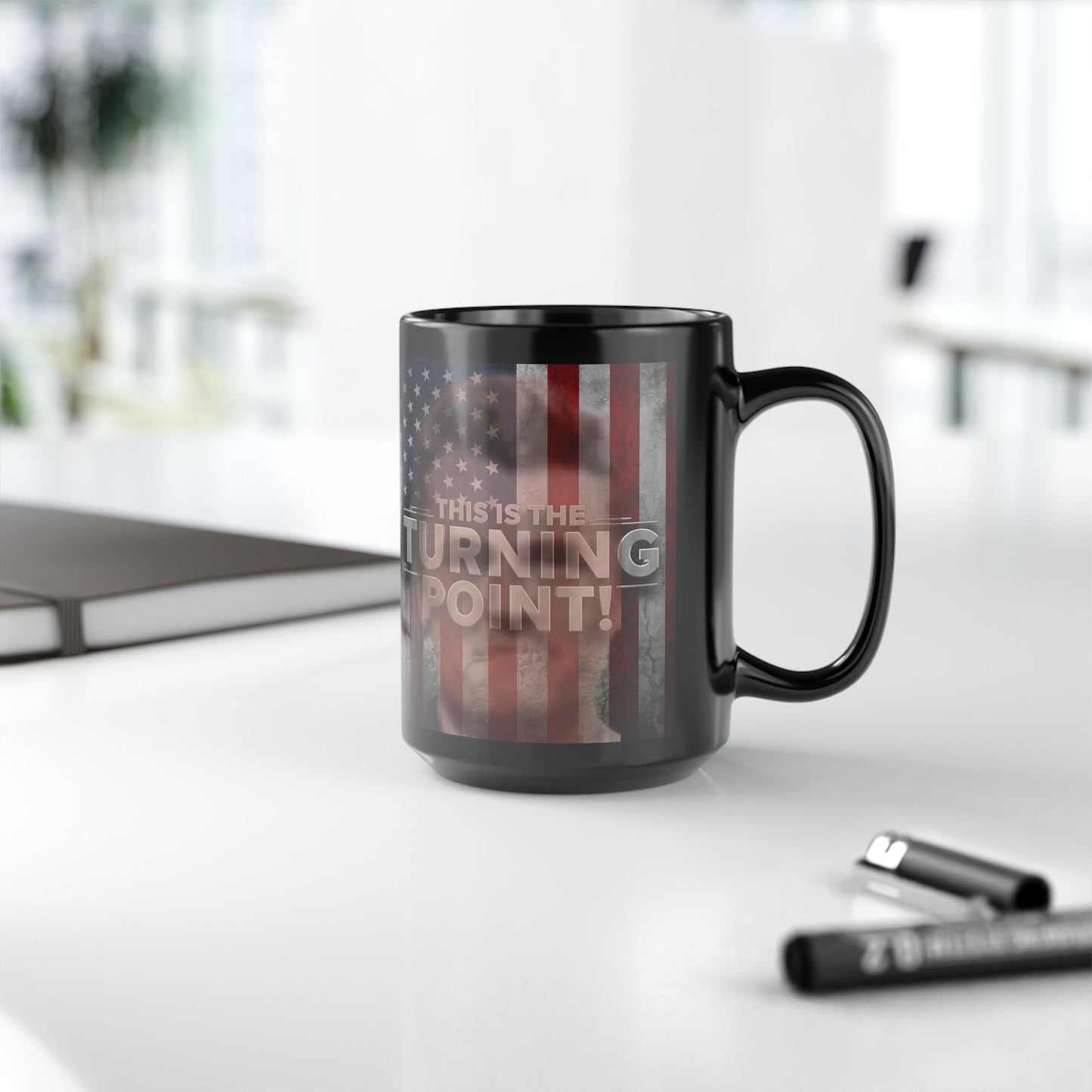 Patriotic Mug - This Is The Turning Point! - Charlie Kirk - American Flag Backdrop - Black Ceramic Mug - 11oz - 15oz -