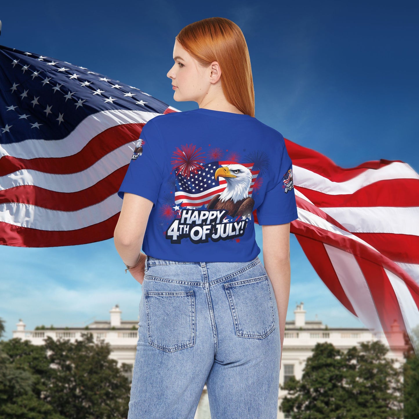 Happy 4th of July, Print Design, Unisex T-Shirt, Patriotic Print Design, Independence Day Shirt, Red White Blue Shirt, USA Tee Gift, Gift For Her, Gift For Him, American Flag, Bald Eagle