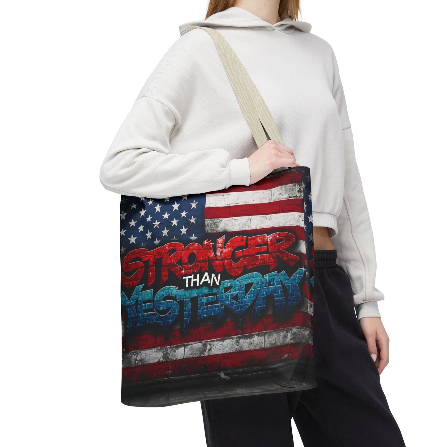 Patriotic Red White Blue Tote Bag - Stronger Than Yesterday - Perfect for Fourth of July, Gym, Beach, Shopping, Gifts