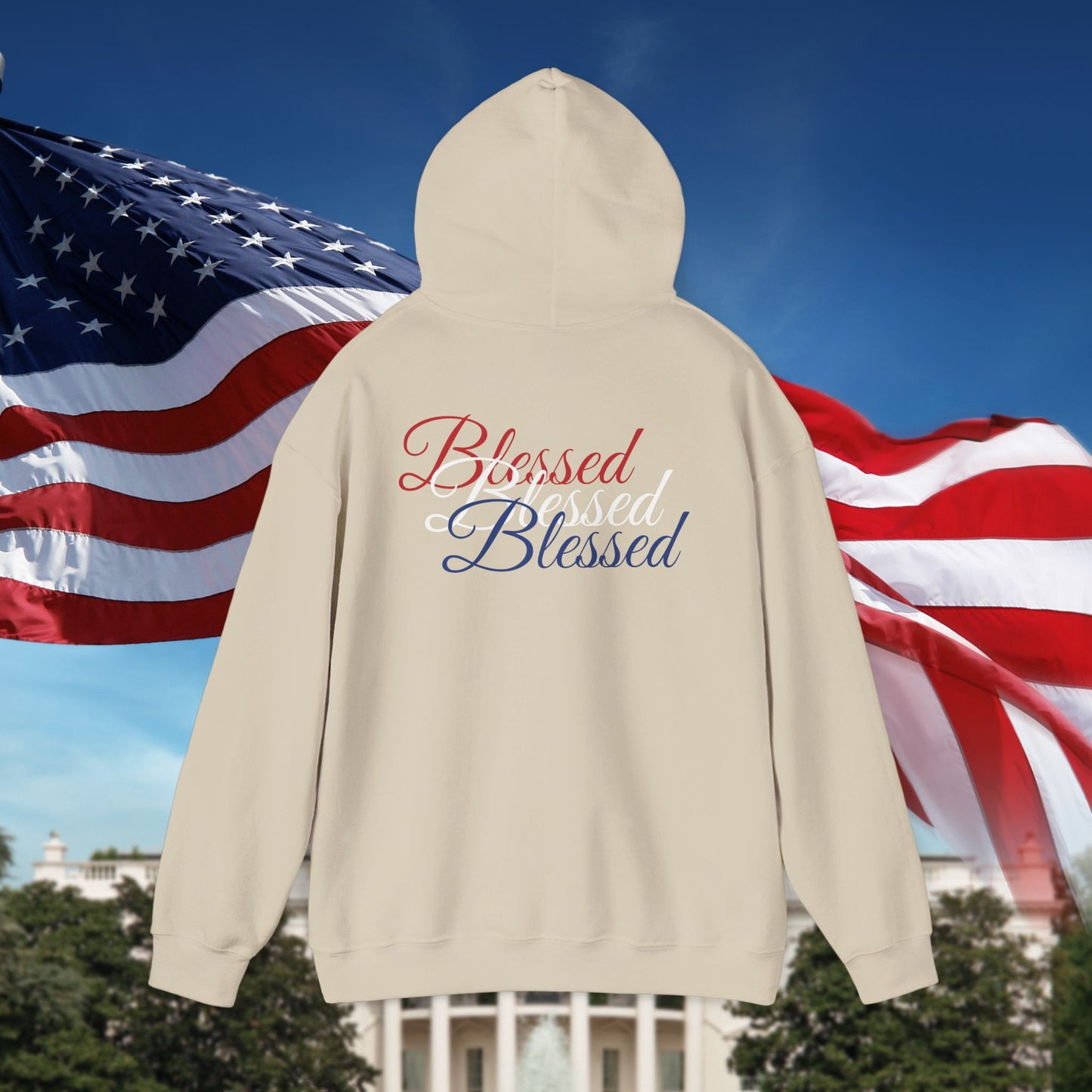 Blessed Hoodie – Patriotic Red, White & Blue Unisex Pullover Sweatshirt with Front & Back Print – Cozy, Positive Vibes Gift