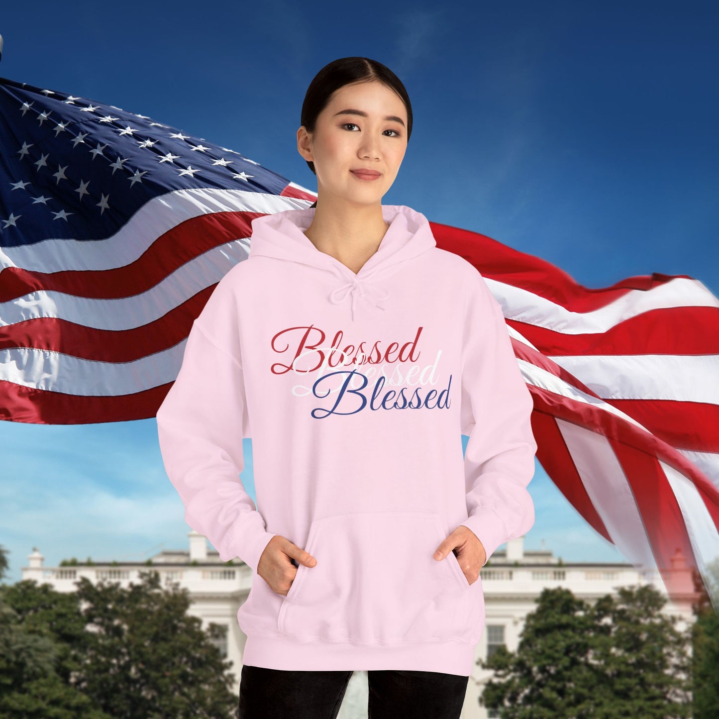 Blessed Hoodie – Patriotic Red, White & Blue Unisex Pullover Sweatshirt with Front & Back Print – Cozy, Positive Vibes Gift